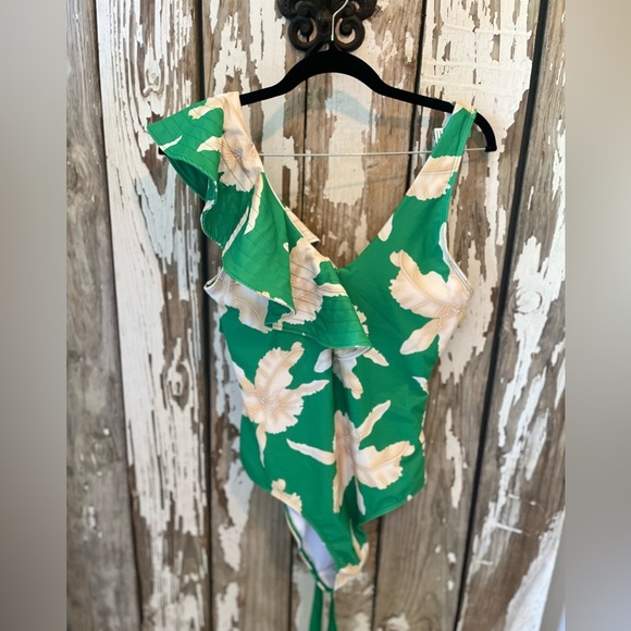 One Piece Green & Tan Ruffle Shoulder tie swimsuit size medium floral print NWOT - Picture 2 of 10